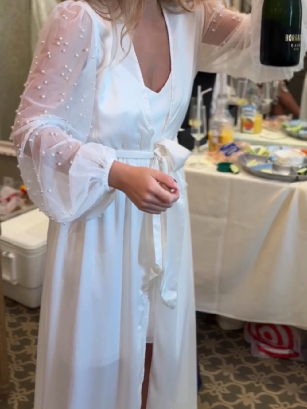 Elegant White Pearl-Sleeve Bridal robe & slip
